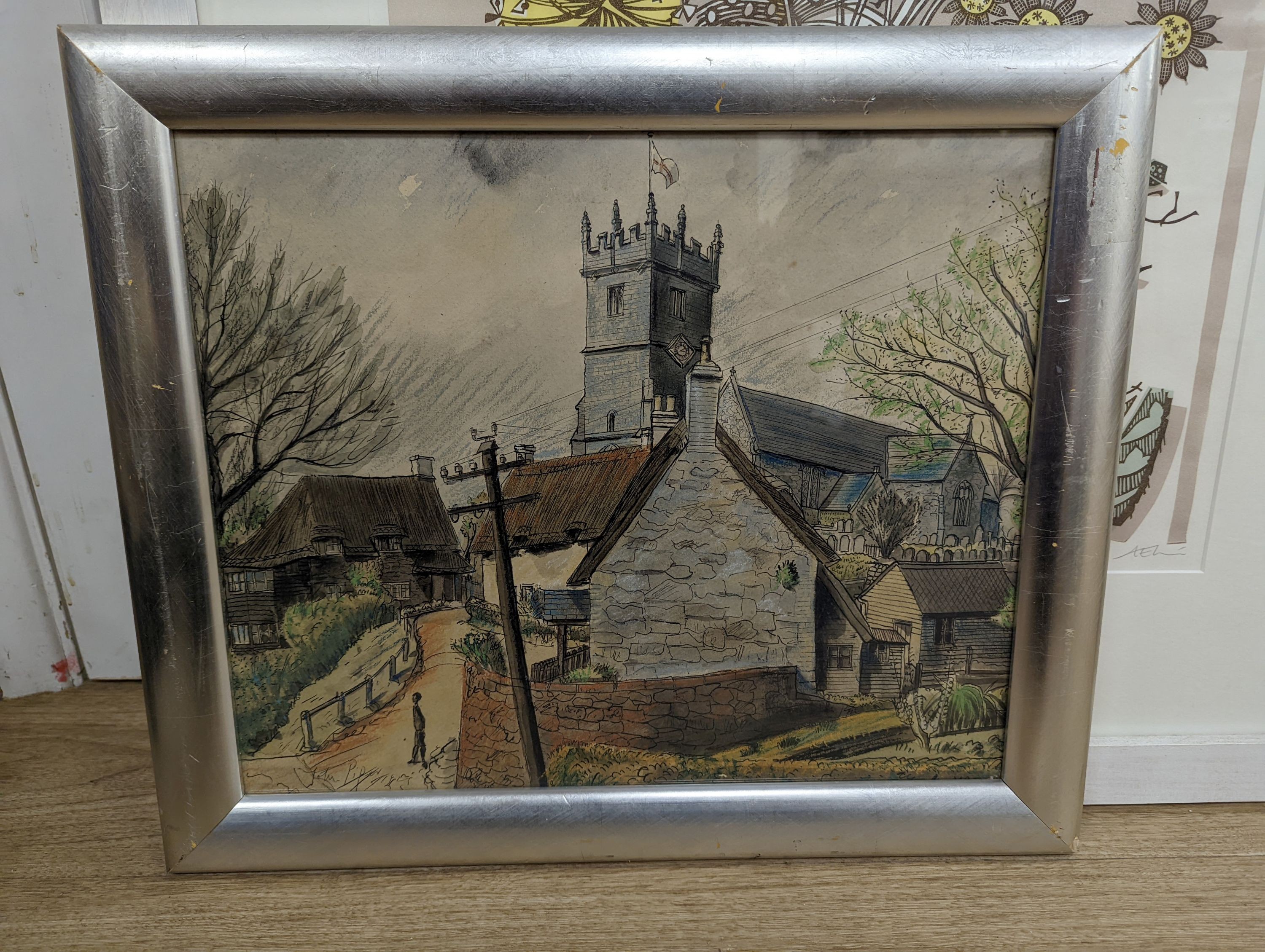 Attributed to John Piper, ink and pastel, Village scene, bears signature, 34 x 42cm